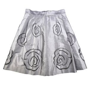 I-N-C International Concepts Silk Skirt Women's 6P Silver Roses Lined A Line